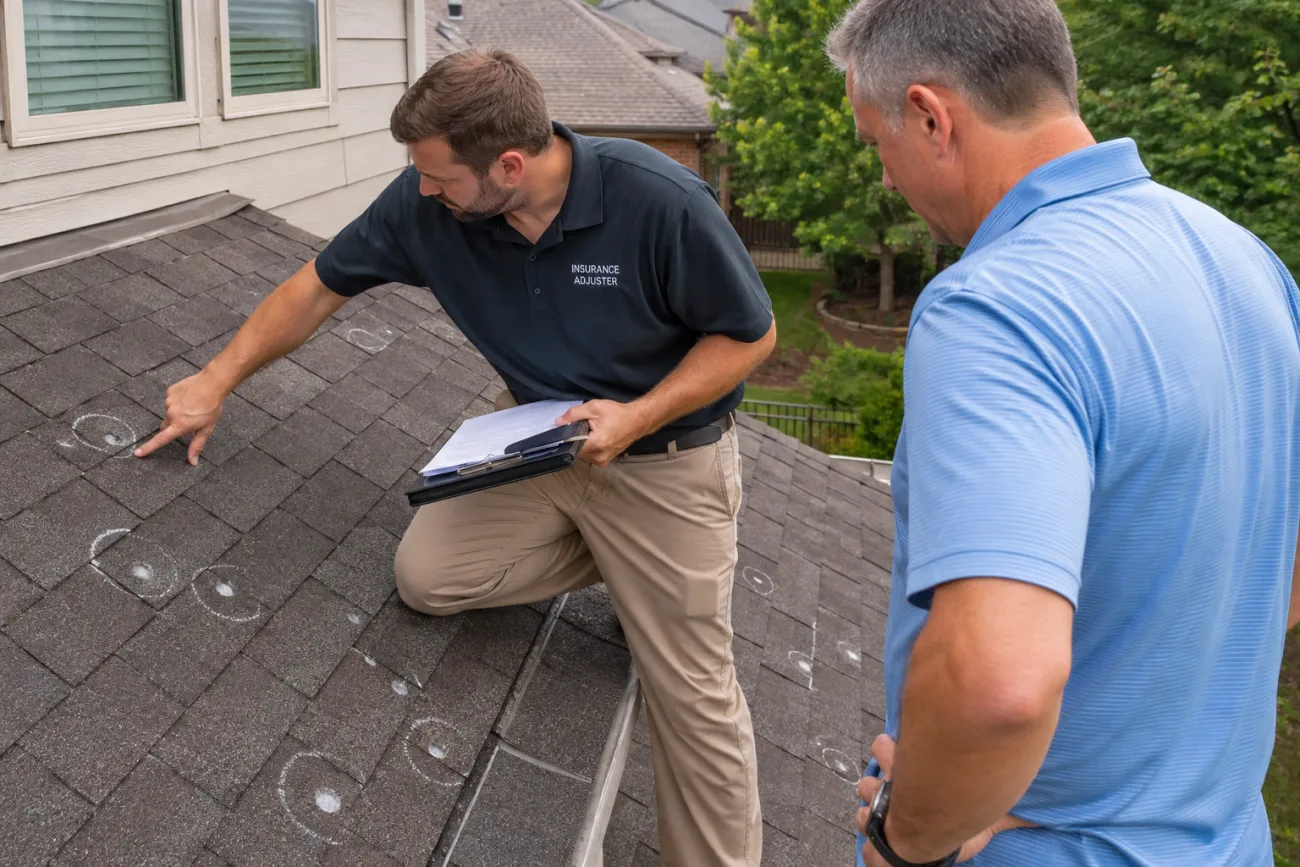 Insurance adjuster assessing hail damage on a roof alongside the homeowner