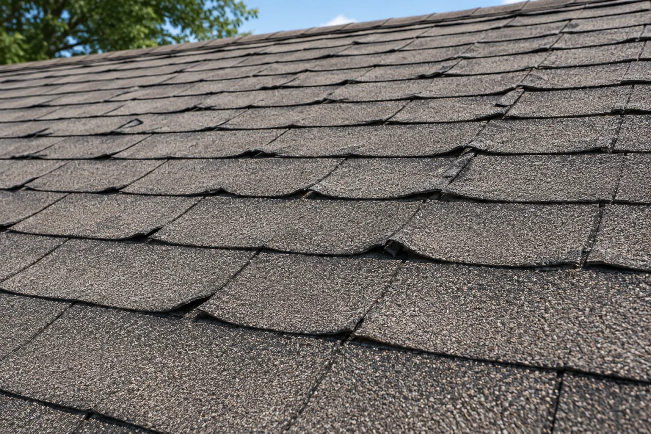 Weathered roof with curling shingles under direct sun
